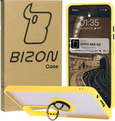 Produktbild von Bizon Case Hybrid Ring Fingerring Hülle für Oppo A60 4G, Rauch mit gelbem Rahmen