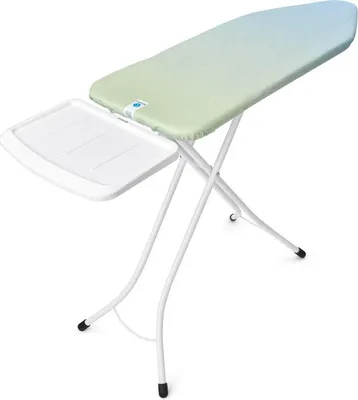 A white ironing board with a green and blue ombre cover and a white plastic tray attached to the side, shown against a white background.