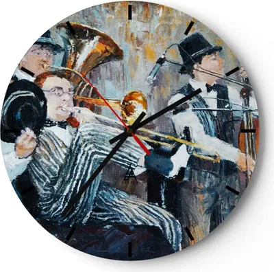 Produktbild von Wanduhr - Rund - Glasuhr - Jazz Musik Musiker - 30x30cm - Schleichendes Uhrwerk - Lautlos - zum Aufhängen bereit - Dekoration Modern - Wanddekoration aus Glas - C3AR30x30-3422