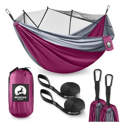 Produktbild von MOUNTAIN GOAT Trekking-Hängematte mit Moskitonetz, 2 Personen, inkl. Gurte und Karabiner, grau-rosa