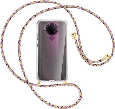 Produktbild von Handykette Backcover-Schutzhülle mit Band (Metall goldfarben) für Nokia 5.4 - rosa Karo
