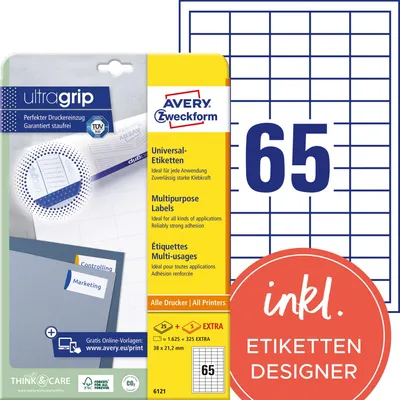 Obrázek produktu pro Avery 6121, Bílá, Papír, Laserová/inkoustová tiskárna, 38 x 21.2 mm, 16252 kusů