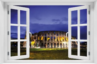Produktbild von Wallario Poster mit Fenster-Illusion: Italien bei Nacht - Kollosseum in Rom, beleuchtet am Abend, Größe: 100 x 150 cm