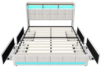 Obrázek produktu pro Postel s čalouněnou čelo - manželská postel - 140 x 200 cm - 4 zásuvky - LED osvětlení - USB porty - rošt - béžová barva