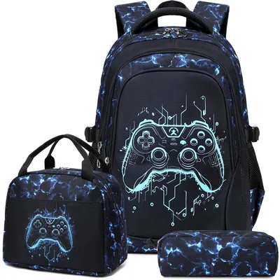 Produktbild von Schulrucksack 3-teilig für Jungen und Mädchen, ergonomisch, blau-schwarz, Oxford, 1.-5. Klasse