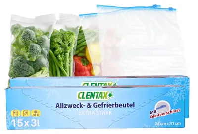 Produktbild von CLENTAX Gefrierbeutel 3L mit Gleitverschluss 15 Stk Extra Stark Gefriertüten Allzweckbeutel