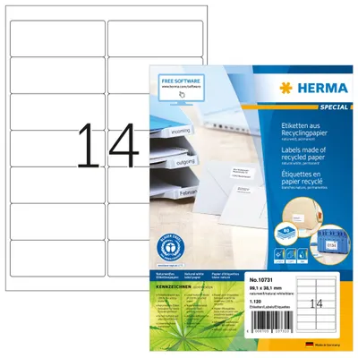 Produktbild von HERMA 10731, Weiß, Selbstklebendes Druckeretikett, Gestanztes Etikett, A4, Papier, Laser/Inkjet