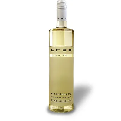 A bottle of Bree Chardonnay white wine against a white background.