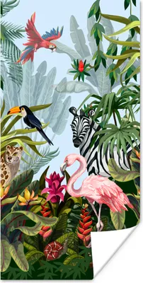 Produktbild von MuchoWow® Poster Dschungel - Natur - Jungen - Mädchen - Kinder - Zebra - Flamingo 60x120 cm - Wandschmuck