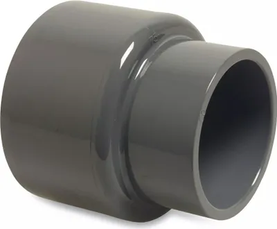 A close-up studio shot of a gray PVC-U reducer fitting.