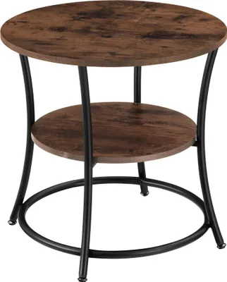 A two-tiered round side table with a wood-grain finish and black metal legs, presented against a white background.