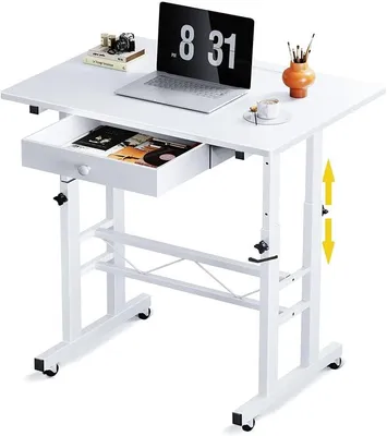 Immagine prodotto di Scrivania regolabile in altezza, scrivania per computer, scrivania per laptop con cassetti, altezza regolabile 80 x 50 cm (73-115 cm), scrivania regolabile in altezza con rotelle