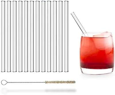 Produktbild von PolkaHome® Wiederverwendbare Glasstrohhalme Set - 12 Stück mit Reinigungsbürste, 18 cm, transparent