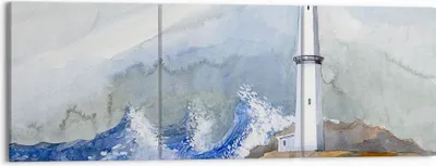 Produktbild von Bild auf Leinwand - Leinwandbild - Leuchtturm Wasser Illustration Welle - 150x50cm - Wand Bild - Wanddeko - Leinwanddruck - Bilder - Kunstdruck - Leinwand bilder - Wandkunst - CA150x50-2997