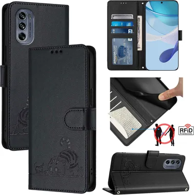 Produktbild von Leder Hülle für Motorola Moto G62 5G Süße Katze Flip Case Brieftasche Schutzhülle mit Standfunktion Schwarz