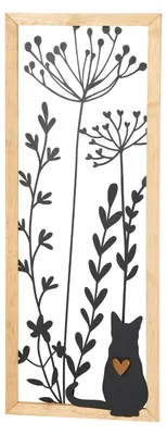 Produktbild von Wanddeko im Rahmen Katze sitzend mit Blumen H. 65cm aus Metall und Holz Formano