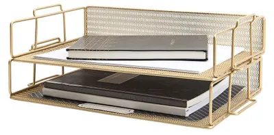 Productafbeelding van Bureau organizer met lades Brievenbak - Gouden metalen organizer - 2 niveaus - Stapelbaar - Documentenbak - Papierlade kantoor
