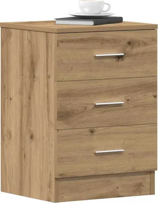 A wooden bedside table with three drawers and silver handles, with a book and a cup of coffee on top.