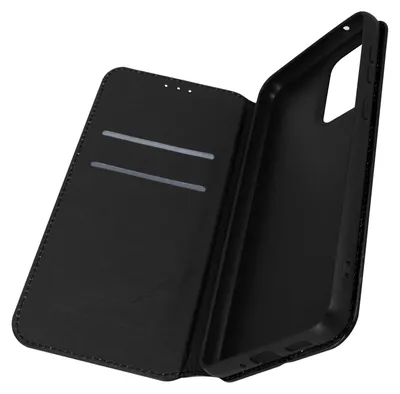 A black leather flip case for a smartphone is shown open.
