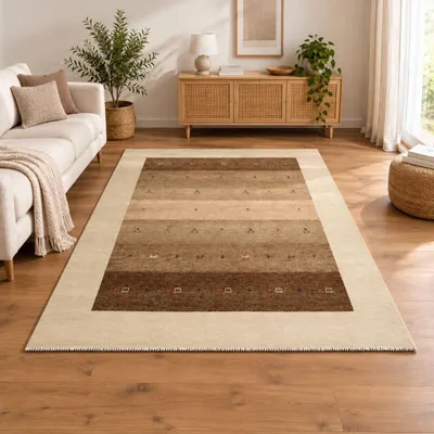 Produktbild von Steffensmeier Gabbeh Teppich Handloom | Schurwolle Braun Bordüre, Größe: 170x240 cm Wohnzimmer