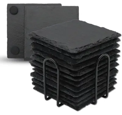 Productafbeelding van Drankonderzetters met houder, 12 stuks, 10,2 cm, zwart leisteen, krasbestendige onderkant, vierkant