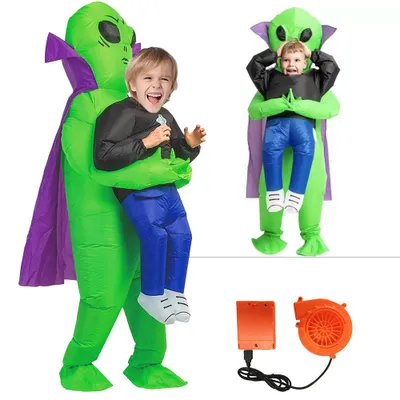 Zdjęcie produktu dla Kostium kosmity Juksun, rozmiar 120-150 cm, dla dzieci, wykonany z poliestru, zielony, nadmuchiwany, z peleryną, idealny na Halloween, karnawał lub imprezę