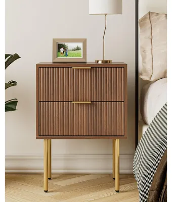 Image de Table de chevet - Bois de noyer - 2 tiroirs - 39 x 29 x 56,4 cm - Style boho moderne