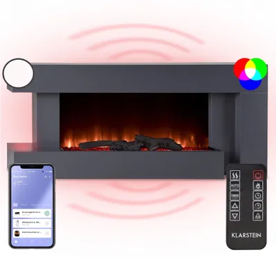 Obrázek produktu pro Klarstein Smart Dekorativní krb s LED plameny, elektrický krb s ohřívačem, 2000W elektrický krb, energeticky úsporný elektrický krb, nástěnný krb s dálkovým ovládáním a časovačem, elektrické krby s MDF krytem
