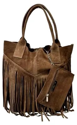 Produktbild von Damen-Einkaufstasche aus echtem Wildleder mit Fransen plus Schmucketui in der gleichen Farbe - Handtasche - Schultertasche