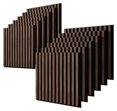 Produktbild von STEGU Linea Acoustic PROline 12er Set Akustikpaneele 60x60,5 cm Holzlamellen MDF Nussbaum