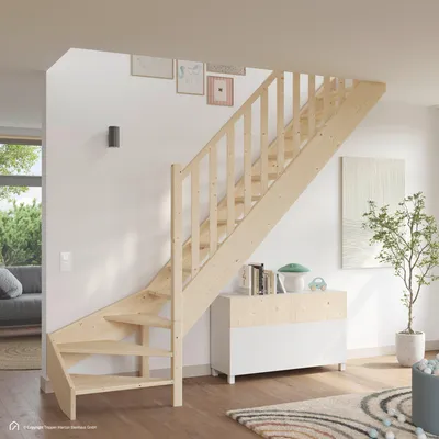 Produktbild von Holztreppe Intercon Casablanca | Fichte | 1/4 gewendelter Verlauf | Linkswendelung | 60 cm Breite | einseitiges Geländer | ohne Setzstufen