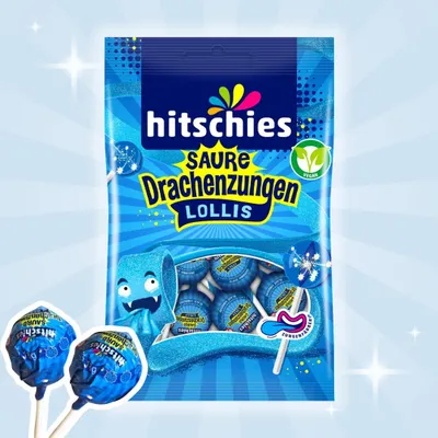 Produktbild von Hitschies Saure Drachenzungen Lollis 128g – Saure Fruchtlutscher, 1x 128g +Heartforcards Versandschutz