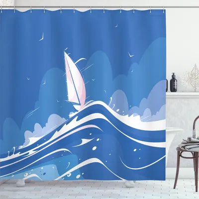 Zdjęcie produktu dla ABAKUHAUS niebieska zasłona prysznicowa, wzór chmur, mew, żaglówki, oceanu, morza, fal, przygody, spokoju, 175 x 180 cm, błękitny, jasnoniebieski