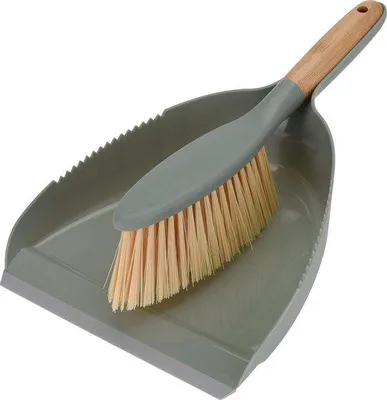 Immagine prodotto di Set premium di scopa a mano e paletta – scopa a mano con manico in bambù e paletta con bordo in gomma, colore verde-grigio, ideale per la casa, l'auto, il camper, il campeggio