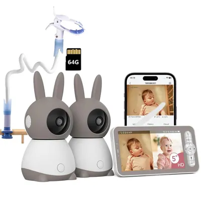 Image de Babyphone avec 2 caméras et APP 2K/5,0 pouces WLAN Babyphone avec écran partagé PTZ 360° 4× Zoom Vision nocturne IR Suivi automatique avec support & 64G