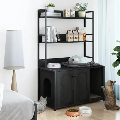 Zdjęcie produktu dla Szafka Katzenklo – mebel dla kota 3 w 1 – ukryta kuweta dla kota z 3 półkami – drewniana szafka na kuwetę – 89 x 46 x 132 cm – czarna