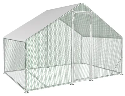 Immagine prodotto di Recinto esterno per galline Ikodm, dimensioni 3 x 2 x 2 metri, superficie di 6 m², tetto a spiovente, struttura in acciaio zincato da 25 mm, rete in plastica verde e telo protettivo in polietilene bianco