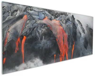 Produktbild von Wallario Küchenrückwand aus Glas, Größe: 125 x 50 cm, Motiv: Lavastrom ins Meer | Spritzschutz | abwischbar | pflegeleicht | in