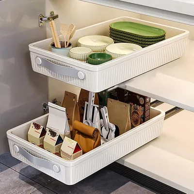 Produktbild von PolkaHome® Teleskopauszug, ausziehbare Schublade für Küchenschrank, Organizer, 25 cm breit, 40 cm tief, 8,6 cm hoch, mit Schienen, selbstklebend