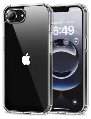 A clear protective case for an iPhone is shown, with the phone inside displaying the lock screen.