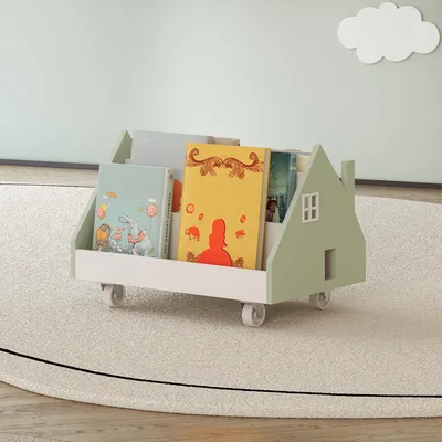 Produktbild von Mobiles Kinderregal 'Vipsali' mit 4 Rollen in Hausdesign 50 x 33 x 34 cm Mintgrün / Weiß