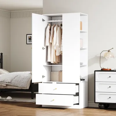 Produktbild von Kleiderschrank mit Spiegel 80x40x180 cm weiß, Garderobe mit 1 Tür, 2 Schubladen und 4 Einlegeböden, moderner Schrank für Schlafzimmer