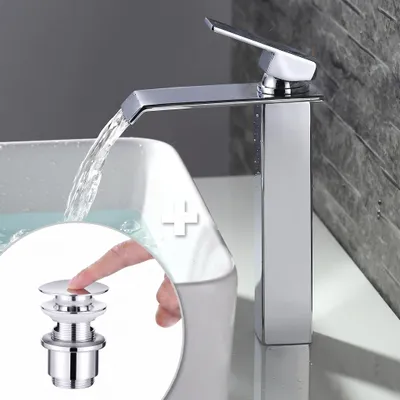 Produktbild von Homelody Wasserhahn Bad Wasserfall + Chrom Universal Ablaufgarnitur Pop-Up Ventil 1 1/4 Zoll Waschtischarmatur Mischbatterie Hoch aus Messing