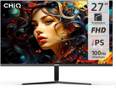 A CHIQ monitor displaying a colorful abstract image of a woman's face with text overlays detailing its specifications.