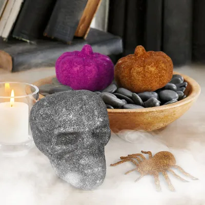 Zdjęcie produktu dla Zestaw dekoracji na Halloween - pająk, czaszka, 2 dynie - brokat