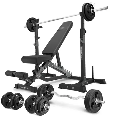 Produktbild von Marbo Sport - Set MS34_2.0_113KG | Doppelseitige Bank + Hantelablage (2 Stück) mit Sicherung + Stangen- und Hantelscheiben Set 113 kg