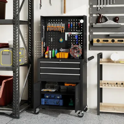 Produktbild von SUGIFT Werkzeugschrank auf Rollen mit Lochplatte, 3 Schubladen & Schrank, Stahl pulverbeschichtet, Schwarz | 69 x 33 x 133 cm | bis 80 kg | 2 Schlösser