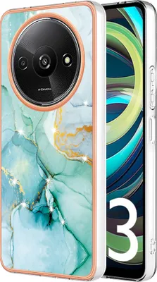 A close-up view of a phone case with a marble pattern and a rose gold trim, placed next to a smartphone.