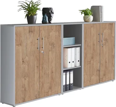 Produktbild von Aktenschrank TABOR 8 in lichtgrau / Gold Harbor Oak, Schrankwand, Büroschrank, abschließbar, Metallgriffe