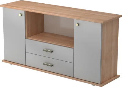 Produktbild von bümö office Sideboard mit 2 Schübe & 2 Türen - Nachbildung: Nussbaum/Silber, Griff: Knauf/Streifengriff